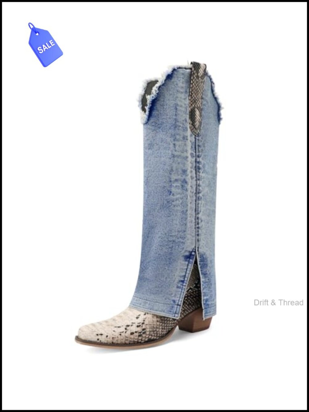 Denim Knee High Cowboy Boots Pointed Toe Block Heel Pull On Western